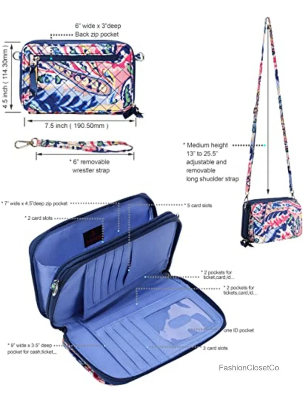 Cotton quilted double-zipper crossbody wallet purse clutch with card slots and